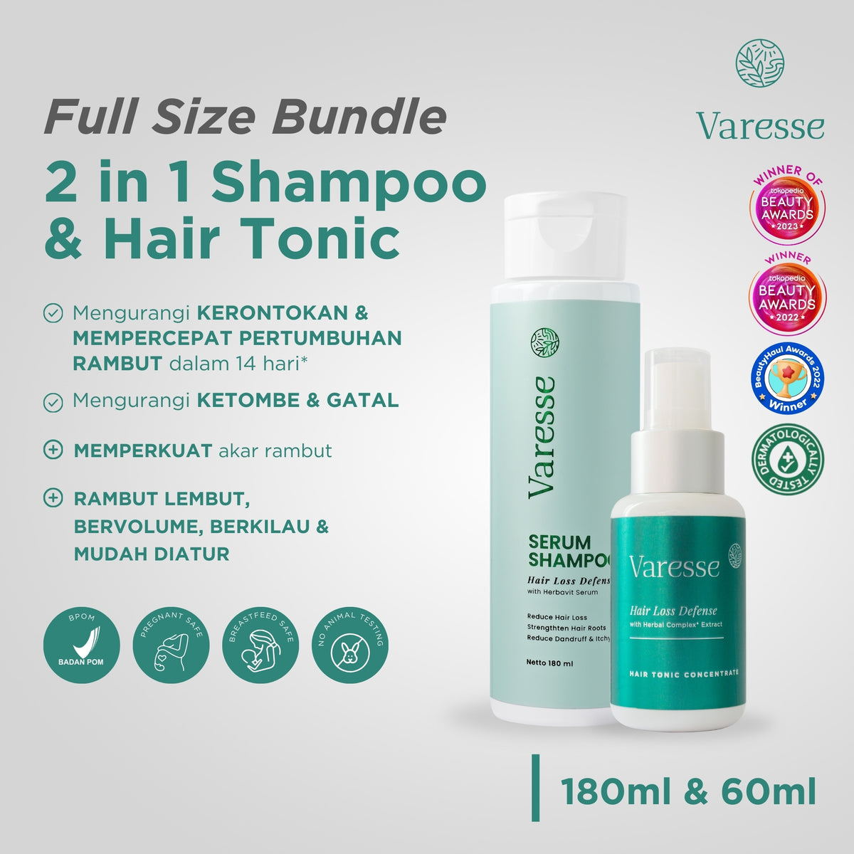 Varesse Full Size Bundle (Serum Shampoo 2 in 1 Conditioner 180ml & Hair Tonic Concentrate 60ml)